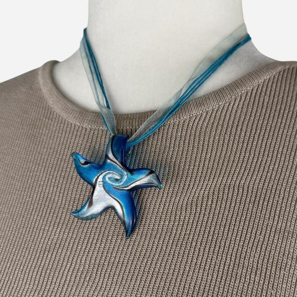 Y2k star blue glass necklace ribbon chain statement necklace